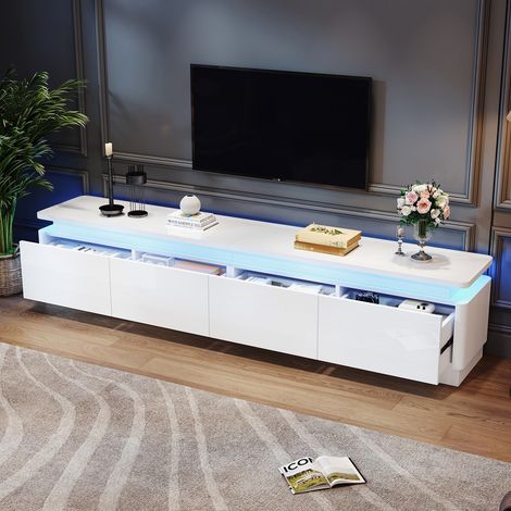 Meuble TV blanc 180x34x40 cm avec 4 tiroirs, lumières LED, meuble bas brillant et table TV, adapté à un téléviseur de 80 pouces (1/5)