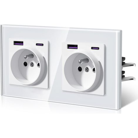 Prise Murale avec 20W USB et Type C, 3 IN 1 Prise Electriques Standard avec Griffes, Prise de courant en Verre, Connexion Rapide Sans Vis, Recharge Rapide,Gain de Place Élégant, 86157MM, Blanc (1/5)