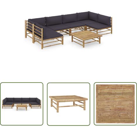 The Living Store Salon de jardin 7 pcs avec coussins gris foncé bambou - Salon De Jardin - Mobilier De Jardin - Set De Salon - Bamboo Furniture - Fauteuil De Jardin (1/5)