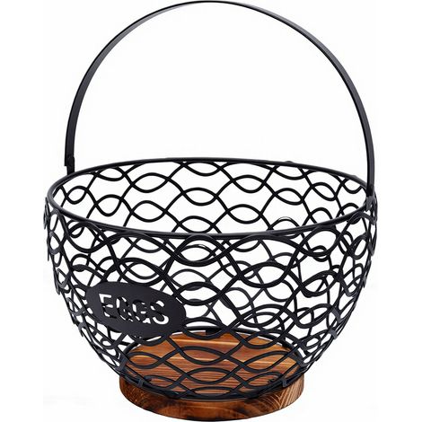 Corbeille à œufs multifonctionnelle en fil de fer avec base en bois pour plan de travail de cuisine, noire (1/5)