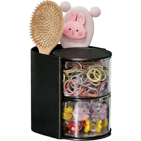 Organisateur de salle de bain rotatif noir, rangement pour cotons-tiges, cotons, accessoires cheveux et pinceaux de maquillage, boîte pratique pour coiffeuse (1/5)