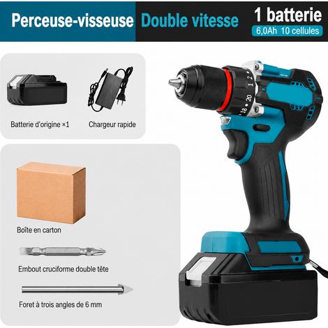Perceuse visseuse sans balais avec 1 batterie 6,0 Ah 10 cellules en boîte carton et foret, 1 kg – Livraison gratuite