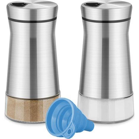 Salière Et Poivrière - 2 Pièces - Acier Inoxydable Et Verre - Trous Réglables - Cuisine Et Extérieur - Noir Et Blanc (1/5)