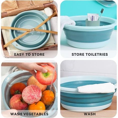 Recipiente redondo plegable multifuncional – azul, compacto y ligero, ideal para lavar verduras, platos o ropa interior.