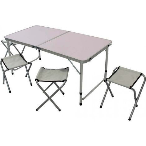 Set Tavolo Pieghevole con 4 Sgabelli da Campeggio in Alluminio Bianco