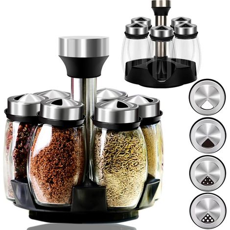 Lot de 6 pots à épices, avec insert doseur, shakers à épices, carrousel à épices, support à épices, saupoudres à sel, grands pots à épices pour cuisine, barbecue extérieur, grillade, cuisson (1/5)