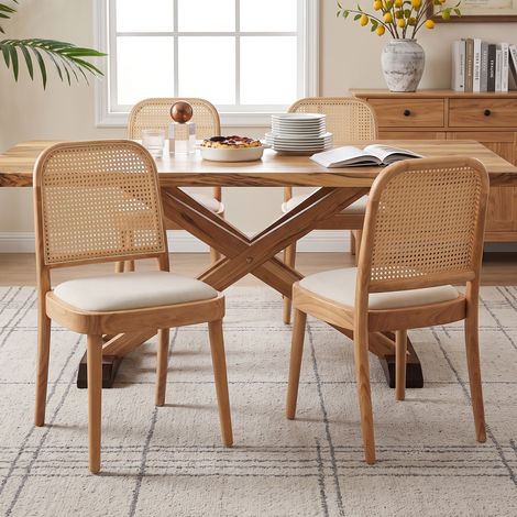 Set di 6 Sedie da Pranzo con Schienale in Rattan, Seduta Imbottita in Lino, Legno Massello, Color Legno (1/5)