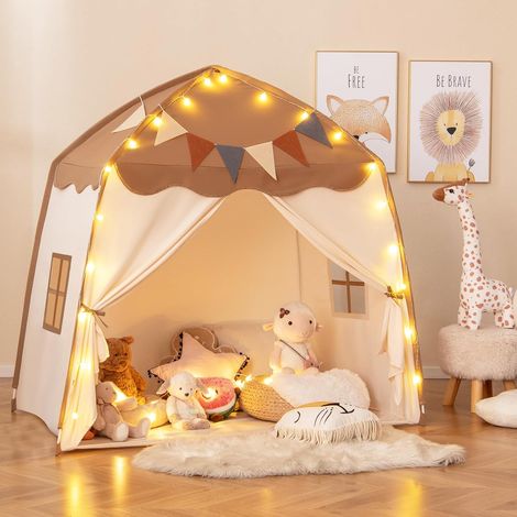 COSTWAY Tenda per Bambini con Luci Fatate e Bandierine, Tenda Casetta da Gioco con 2 Finestre, Tenda Gioco Castello Portatile per Interni ed Esterni, 157 x 98 x 148 cm (Marrone e beige) (1/5)
