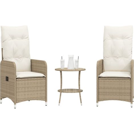 Gartensessel 2 Stk. Verstellbar mit Tisch Beige Poly Rattan