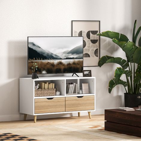 Mueble para TV, cómoda con cajones y estantes abiertos, de madera, 99 x 39 x 58 cm, blanco (1/5)