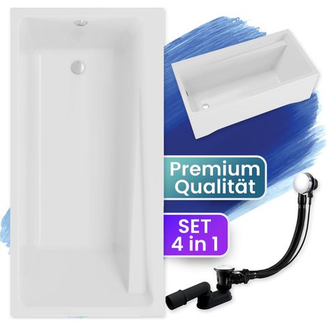 Badewanne Rechteck 140x70 mit AcrylSchürze, Ablaufgarnitur & Füßen GRATIS - Komplettset 4in1 Original Acryl Wanne Siphon - BADLAND ELZA (1/5)