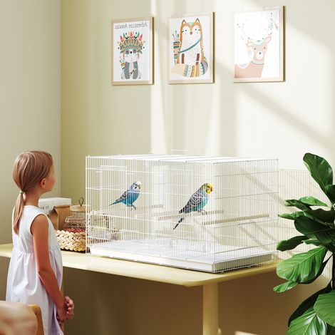 Jaula para Pájaros con Divisor 4 Comederos 4 Perchas Bandeja Extraíble para Loros Canarios Periquitos 76x46x46 cm Blanco (1/5)