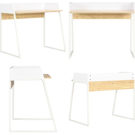 Bureau Blanc et chêne 90x60x88 cm - Bureau Blanc - Bureau Informatique - Bureau Angle - Meuble De Bureau - Bureau Compact - Home & Living