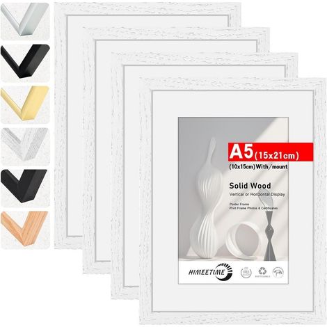 4x Bilderrahmen DIN A5 Weiß Massivholz mit Passepartout 10x15cm (1/5)