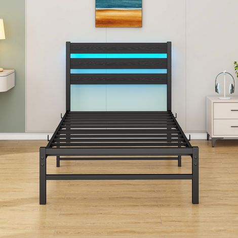 Cadre de lit 90x200 cm avec tête de lit, cadre de lit en métal avec station de charge USB, cadre de lit LED, support robuste en lattes d'acier, rangement sous le lit, pas de sommier requis, silencieux (1/5)