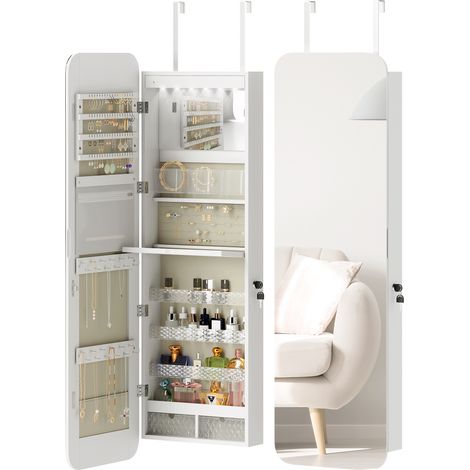 HOMCOM espejo joyero con luz LED, armario joyero montado en la pared o en la puerta, armario para joyas con cerradura, espejo entero, cajones, blanco