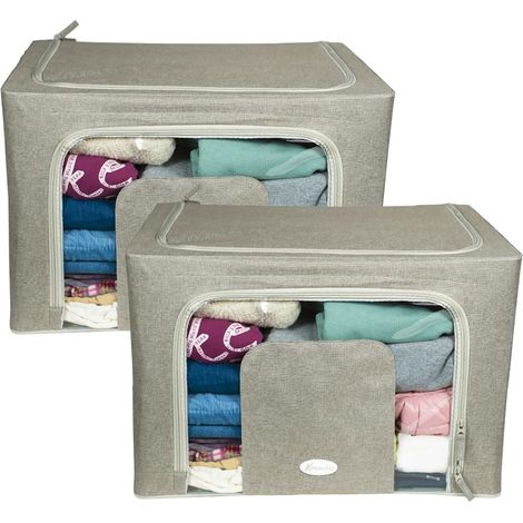 2 Scatole Organizer per armadi in tessuto Beige con finestra e struttura in metallo - Misura 50x40x33 cm e capacità (1/5)