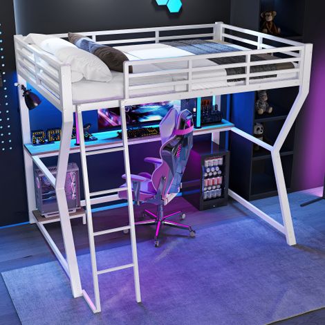 Lit mezzanine avec éclairage LED, console d'ordinateur, rangements, bureau, prise électrique et port USB, rambarde, escalier (matelas non inclus).