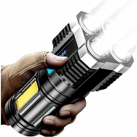 Lampe de poche 4/5 cœurs super lumineuse rechargeable d'extérieur multifonction P1000 super lumineuse LED rechargeable 100 000 lumens XHP70.2 lampe de poche tactique étanche IPX5 (4 noyaux) [Classe én (1/4)