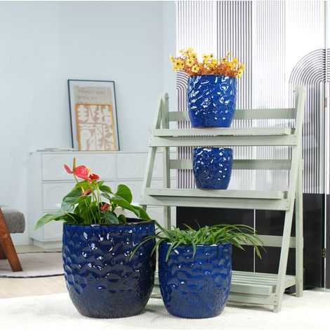 Pot de fleurs en céramique Ø38 cm bleu profond, relief martelé, pour grandes plantes - CHICFURN (1/5)