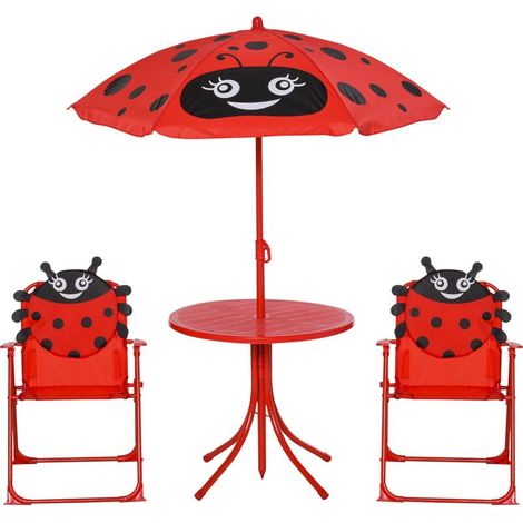 Ensemble table et chaises de jardin pour enfants, ensemble de pique-nique pliable, avec parasol réglable en hauteur (100-125 cm), motif coccinelle rouge (1/5)