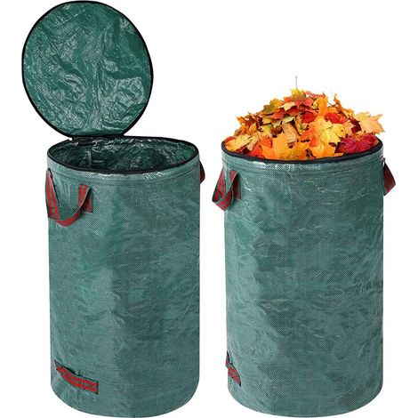 2 x 120L Heavy Duty Green Garden Waste Bags, Heavy Duty Polypropylene Bin Liners with Lid and 4 Strong Tear-Proof Handles for Leaves Lawn Cut Vegetables