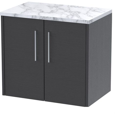 Winshill Contemporary 2 Door Wall Hung Vanity Unit with Laminate Worktop, Woodgrain Dark Grey, 600mm