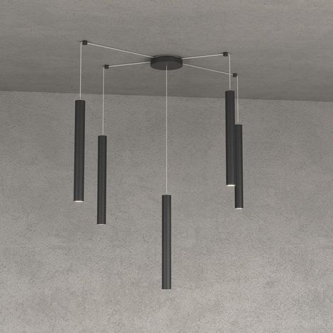 Lampadario top light round tube 1174 s5 gu10 led cilindro metallo moderno, finitura metallo nero