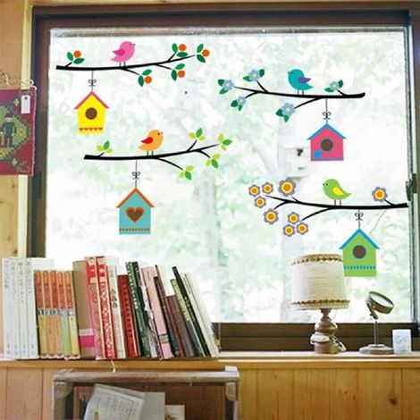 stickers muraux enfants famille d'oiseaux (branches d'arbre: 4x75 cm) I fleurs printemps animaux autocollants I sticker mural pour chambre d'enfant bébé garçon fille crèche Vitres,Seuçais (1/5)