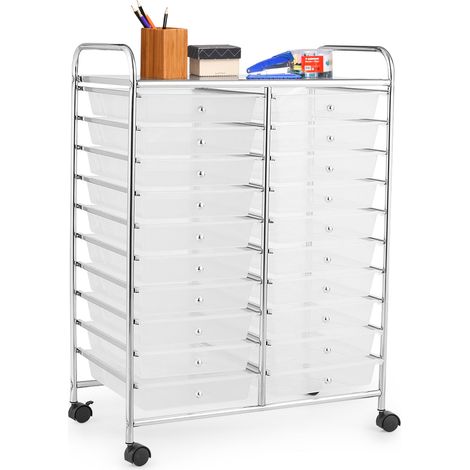 Chariot de rangement roulant à 20 tiroirs 64 x 39 x 88 cm rangement pratique et mobile style moderne en acier transparent