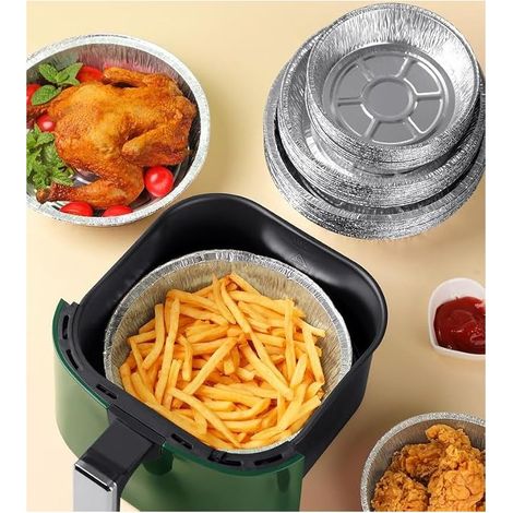 50 plaques de cuisson jetables en aluminium - Plaque ronde en métal pour friteuse à air chaud, four ou camping (argenté, pour friteuse de 8 pouces et 5 à 8 L) (1/4)