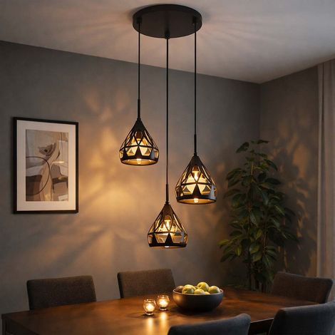 Hängelampe Pendelleuchte 3 flammig Esstischlampe Retro Esszimmerleuchte schwarz verstellbar, Metall, 3x E27 Fassungen, DxH 41x120 cm