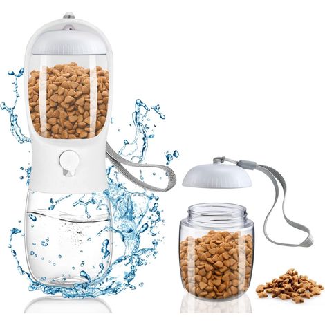 Bottiglia d'acqua portatile per cani, bottiglia d'acqua per cani con filtro a carbone attivo da 300 ml, borraccia da viaggio per animali domestici con bottiglia di cibo per cani da 100 ml bianca (1/5)