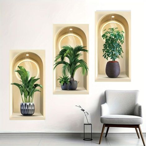 Set mit 3 3D-Wandaufklebern mit grünem Pflanzenmotiv, selbstklebende Wanddekoration, ideal für Wohnzimmer, Schlafzimmer und Küche