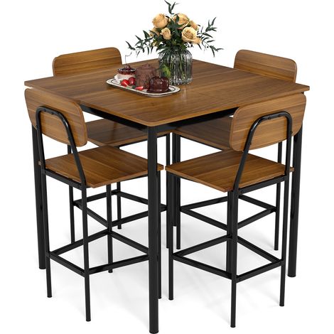 Set de table de repas industriel 5 pièces avec table à hauteur de comptoir et 4 tabourets de bar - teck (1/5)