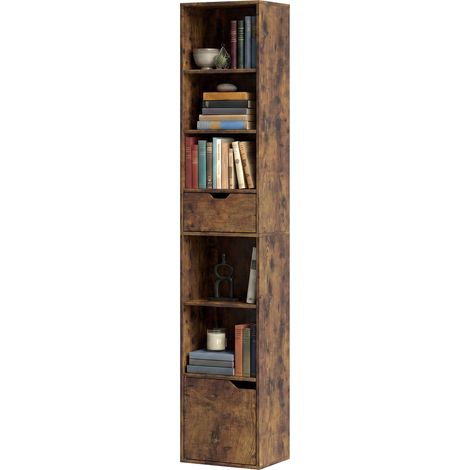 Bücherregal mit 6 Ebenen, 3-stufig verstellbar, mit Schublade, Schranktür, anpassbares Regal, Ausstellungsregal, Braun (1/5)