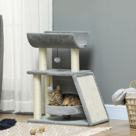 Mini Rascador para Gatos con Postes de Yute Plataforma en U Cama de Felpa y Juguetes Colgantes 60x30x76 cm Gris Claro (1/5)