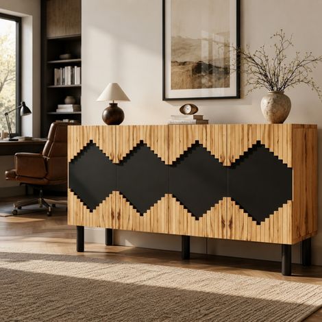 Modernes Sideboard 140 x 40 x 70 cm aus MDF und Spanplatte mit 2 Türen, Natur/Schwarz (1/5)