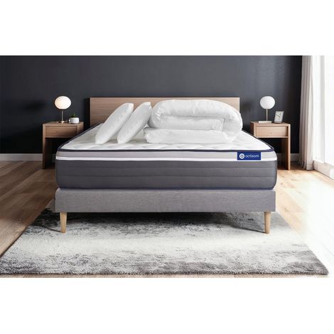 Komplettpaket Bett - Matratze 180x200 cm + Boxspringbett mit Lattenrost (im Set) + 2 Kopfkissen + Bettdecke - Actiflex Plus