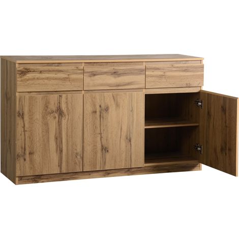 Credenza multifunzionale effetto legno con 3 ante e 3 cassetti 135 x 40 x 81 cm (1/5)