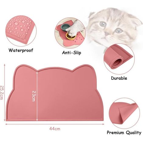 Tappetino per l'alimentazione di cani e gatti, 45 x 25 cm, a forma di simpatica testa di gatto, antiscivolo, da posizionare sotto le ciotole, in silicone impermeabile, per cani e gatti (rosa) (1/5)