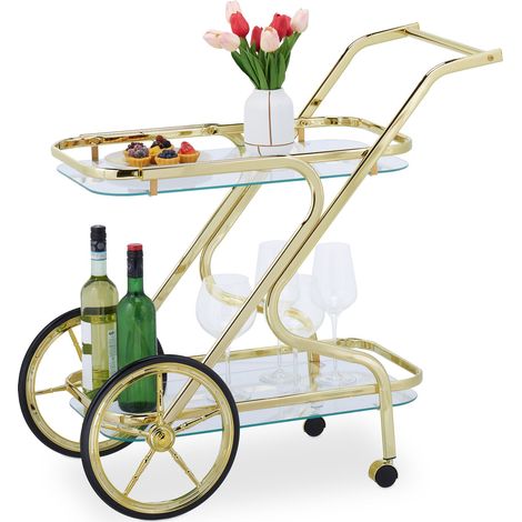 Relaxdays Servierwagen, 2 Etagen, Küchenwagen mit Rädern & Rollen, Glas & Eisen, HBT: 80 x 43 x 85 cm, Barwagen, messing