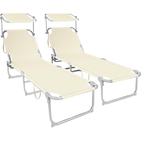 Lot de 2 Chaise Longue Bain de Soleil avec Pare Soleil Transat Pliable avec Parasol Bain de Soleil Inclinable en Polyester Charge Max 120KG Chaise Longue Réglable Beige (1/5)