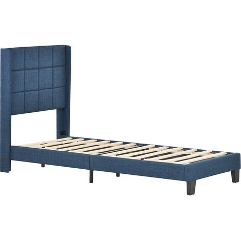 Lit rembourré 90x200 cm, lit simple avec sommier à lattes, lin bleu (sans matelas) (1/5)