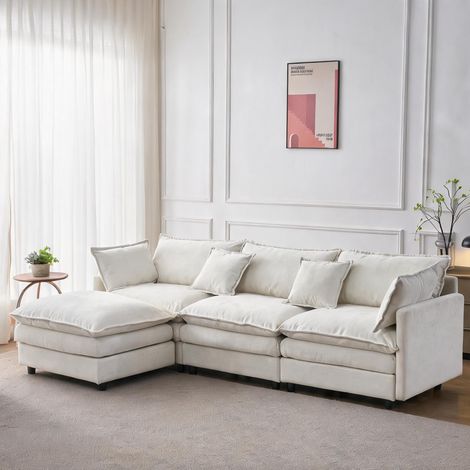 Canapé d'angle convertible en lin beige 3 places avec méridienne (1/5)