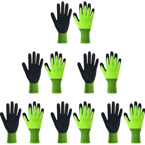 Lot de 6 paires de gants de jardinage verts pour terrasse, pelouse et jardin, ainsi que pour le désherbage et le travail en extérieur.