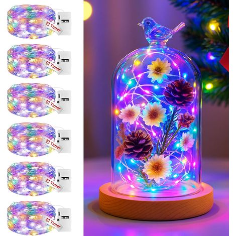 6 x guirlande led à pile, 2 m / 20 led, minuterie 6 h, étanche ip65, multicolore, pour intérieur extérieur fête mariage noël