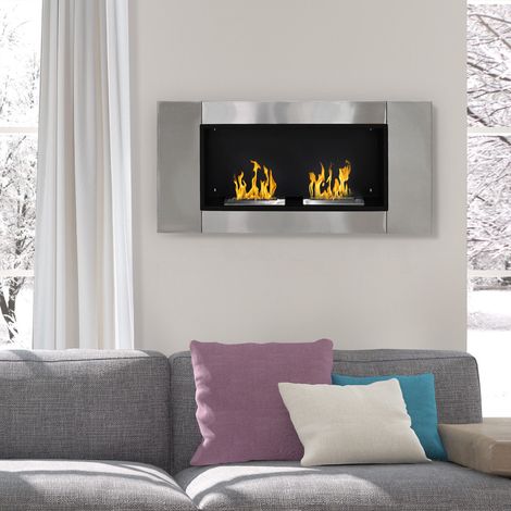 Cheminée murale bioéthanol, 2 brûleurs, réservoir 3L, 13600 BTU, dimensions 110x54x14,5 cm, foyer moderne pour salon. (1/5)