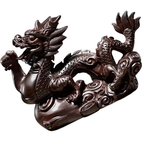 Petite Statue de Dragon en Bois Foncé, Artisanat Décoratif (1/5)