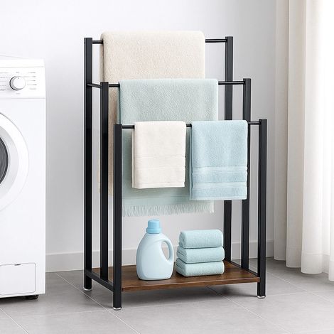 Towel Rack 57X28X83CM Freestanding Towel Rack Industrial Metal 3-Bar Towel Rail with Storage Shelf Anti-Slip Feet for Bathroom Drying Stand for Bath Hand Towels Quilt Blanket